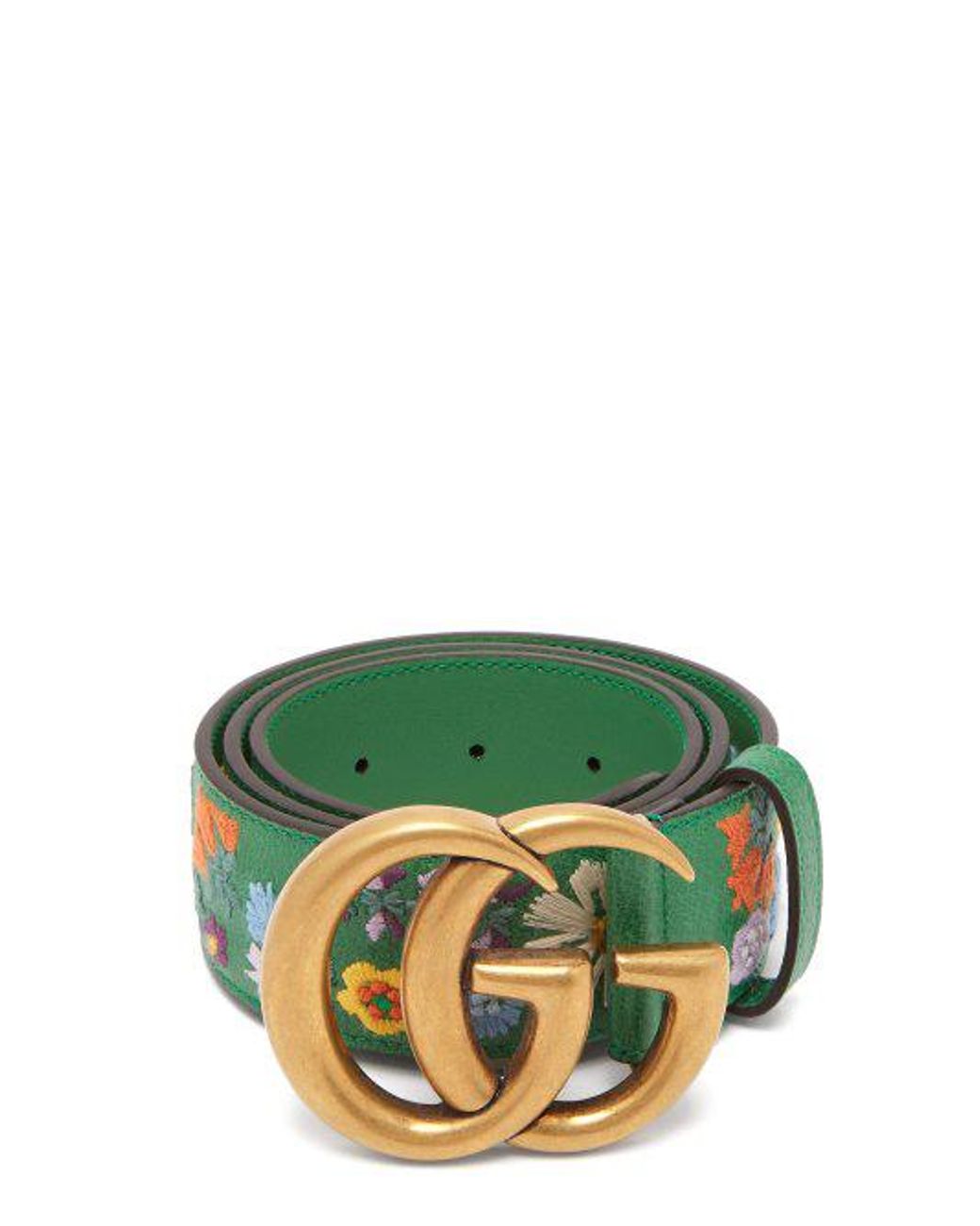 Gucci Floral-embroidered Gg-logo Leather Belt in Green