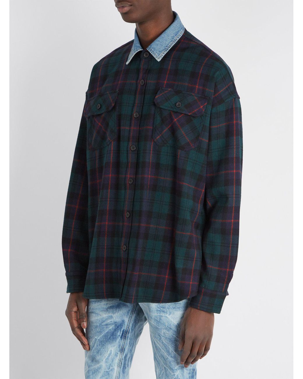 Denim-collar Checked Flannel Shirt 