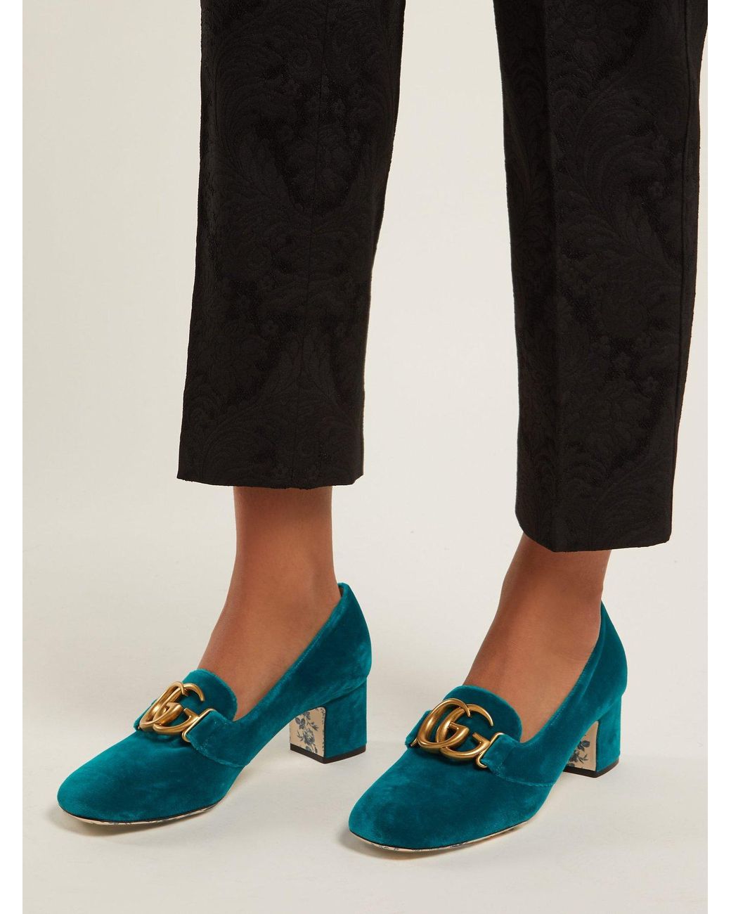 Gucci Velvet Mid heel Pump With Double G in Blue Lyst