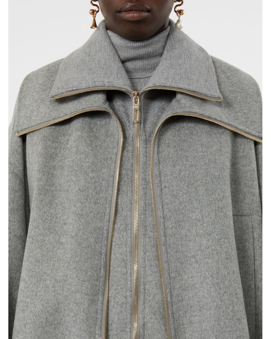 Max Mara Gray Pure Wool Bomber Jacket With Removable Bib