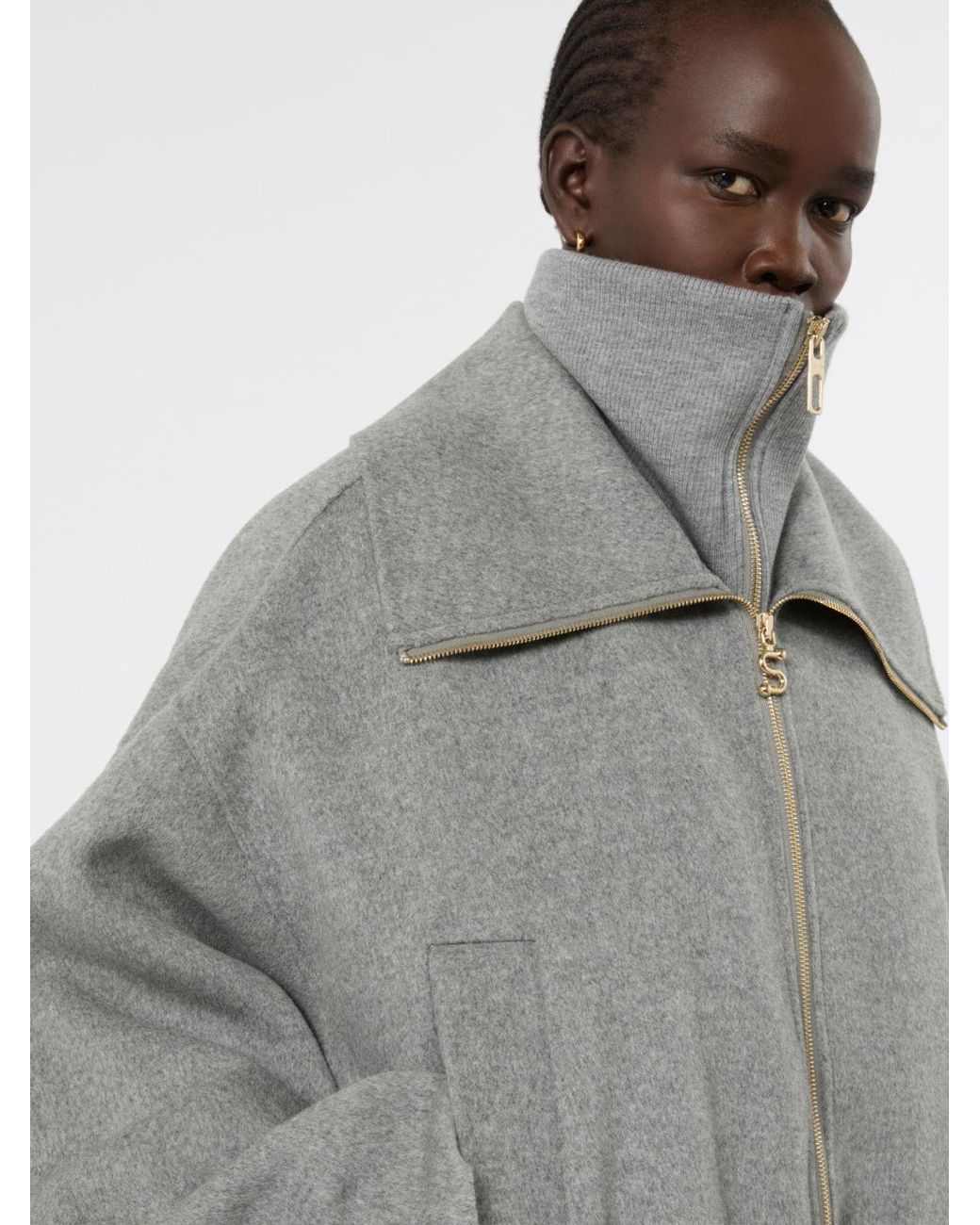 Max Mara Gray Pure Wool Bomber Jacket With Removable Bib