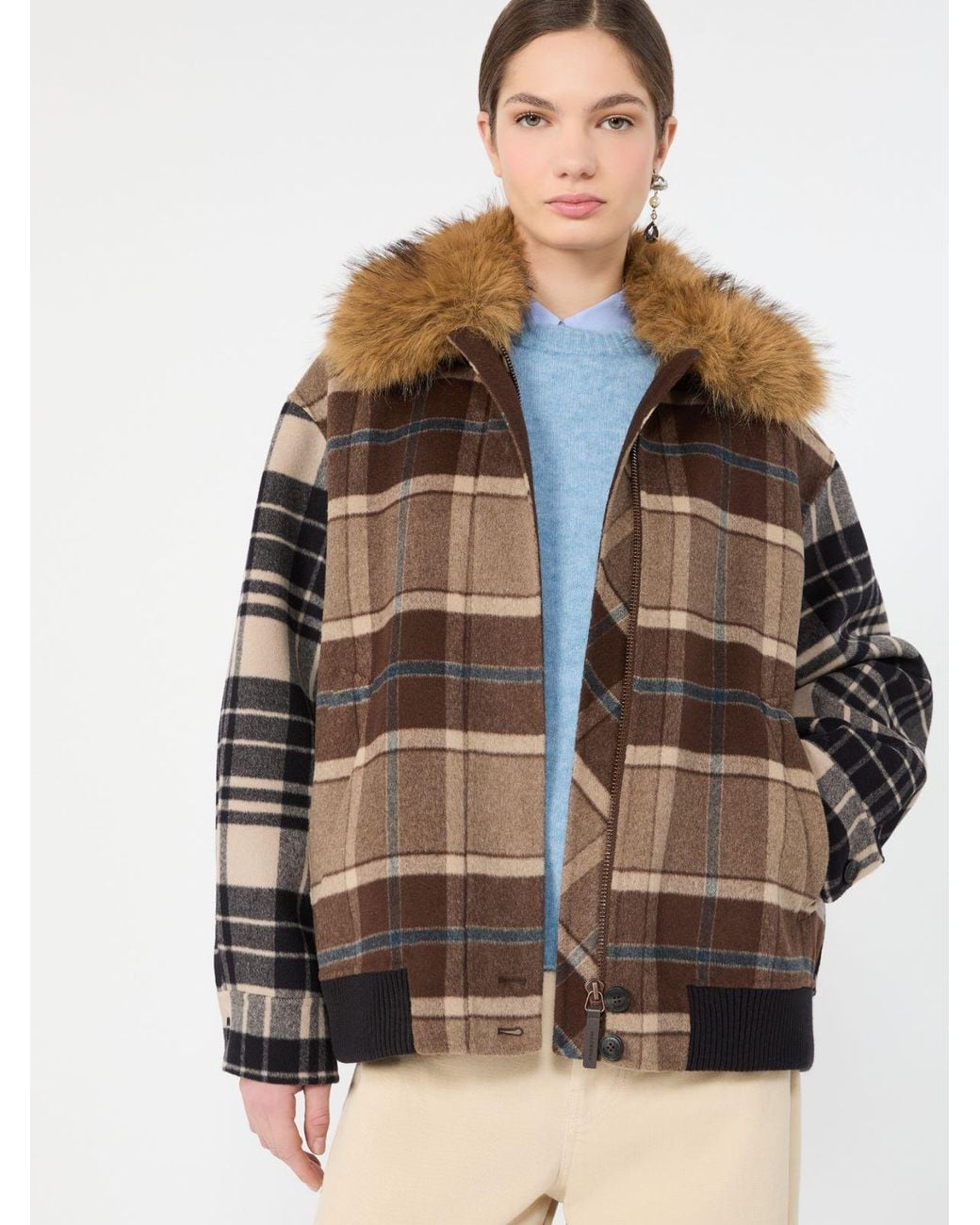 Max Mara Brown Checked Wool Drap Cloth Bomber Jacket