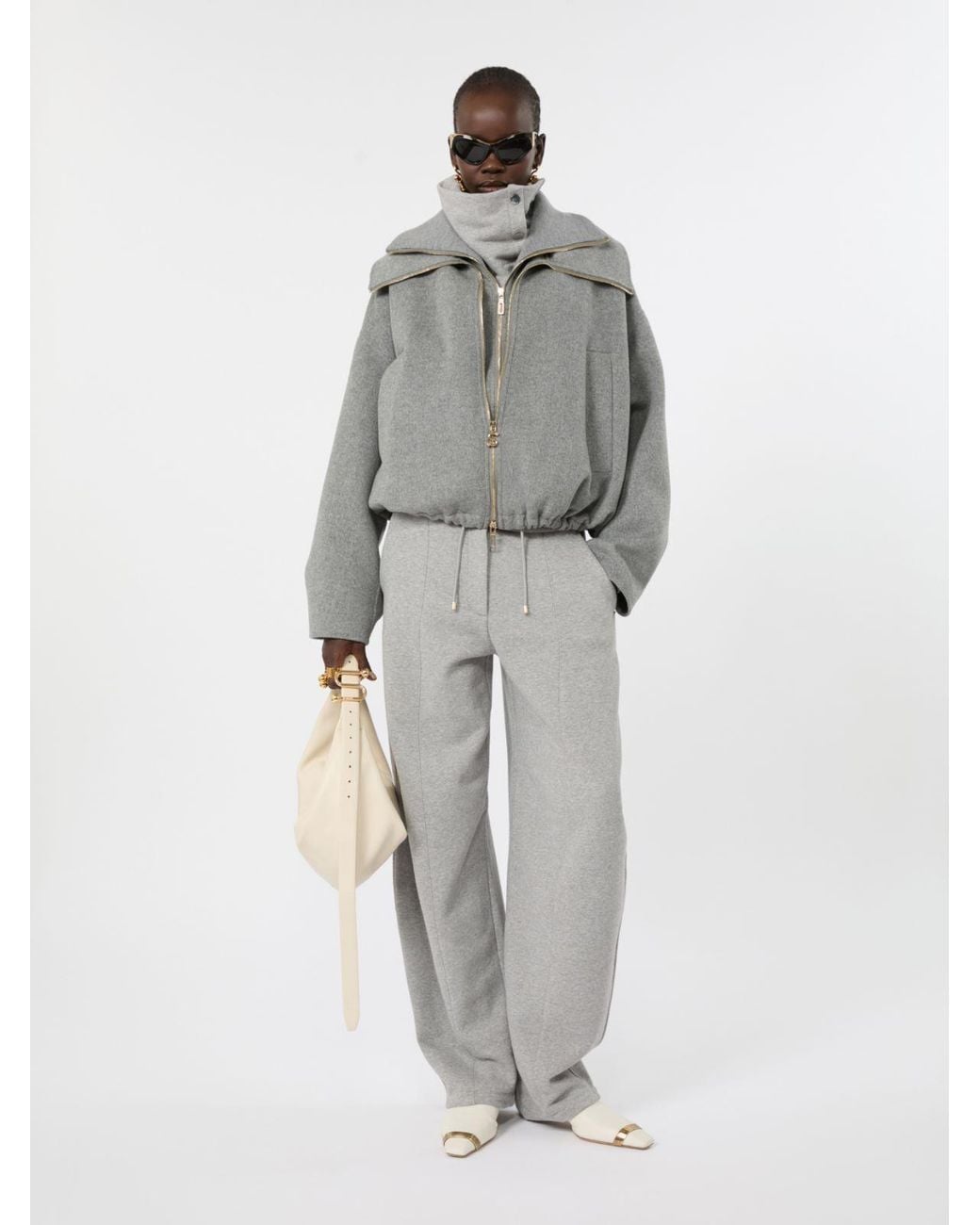 Max Mara Gray Pure Wool Bomber Jacket With Removable Bib