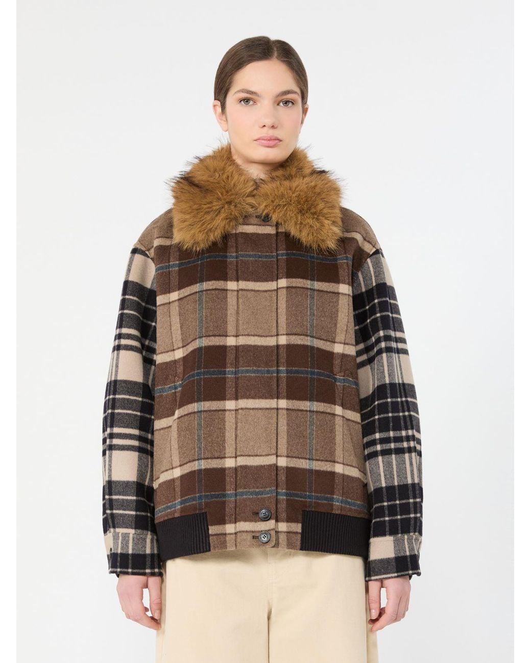 Max Mara Brown Checked Wool Drap Cloth Bomber Jacket