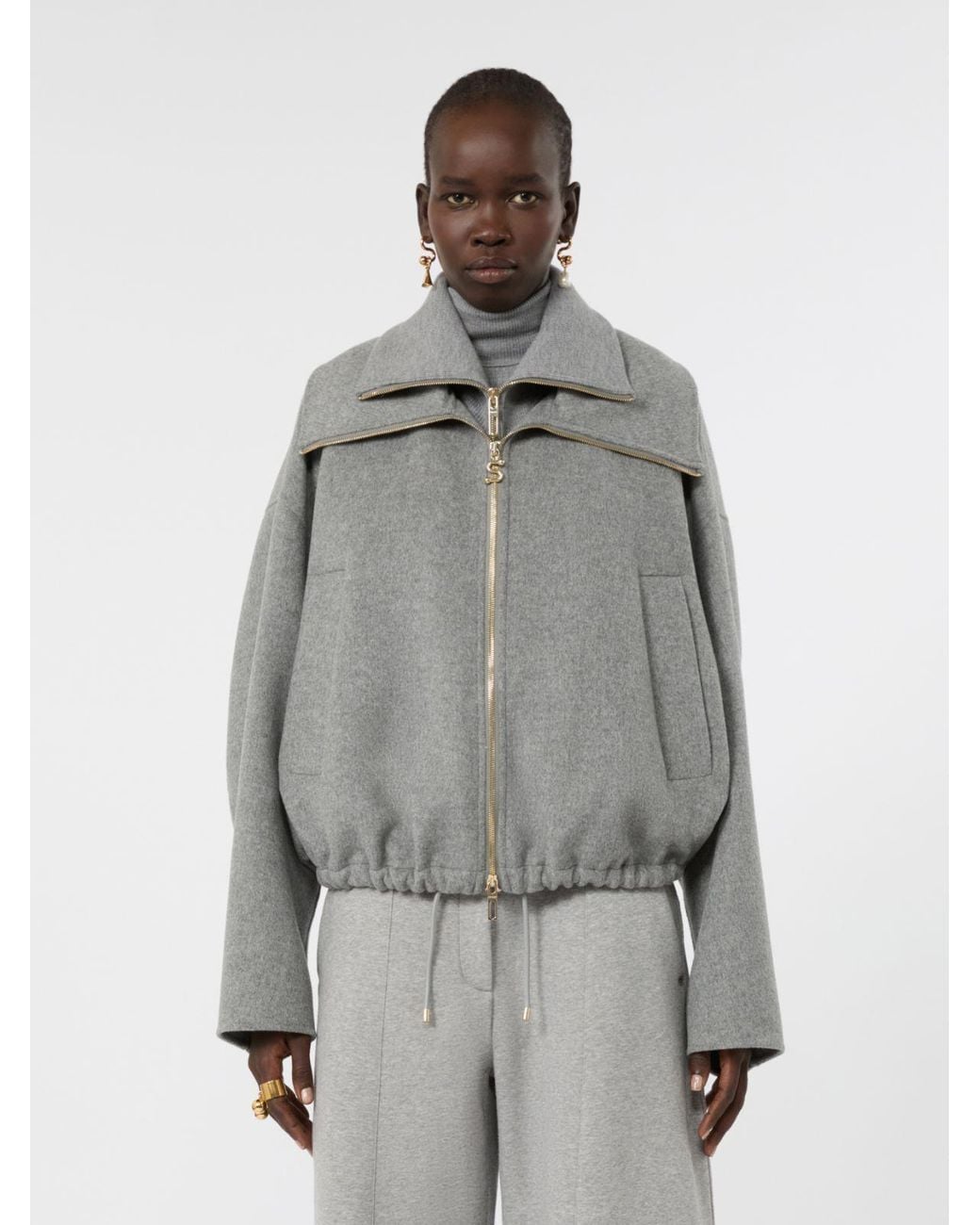 Max Mara Gray Pure Wool Bomber Jacket With Removable Bib