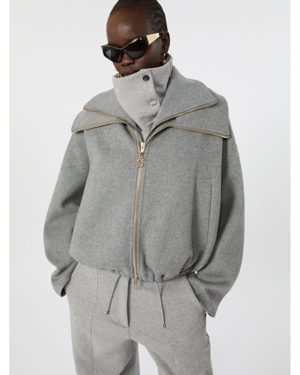 Max Mara Gray Pure Wool Bomber Jacket With Removable Bib