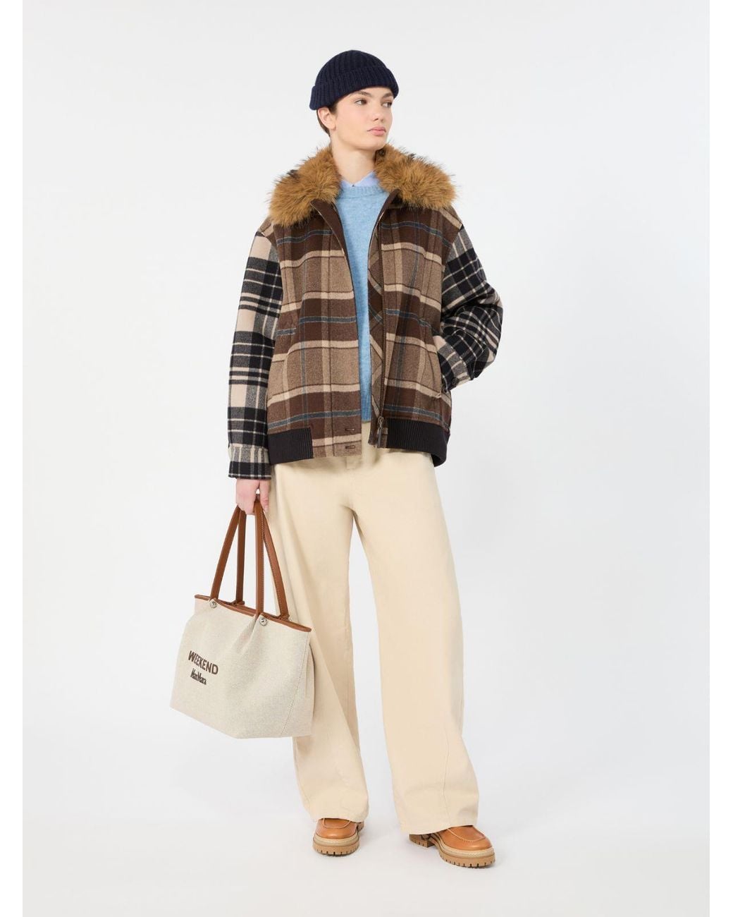 Max Mara Brown Checked Wool Drap Cloth Bomber Jacket