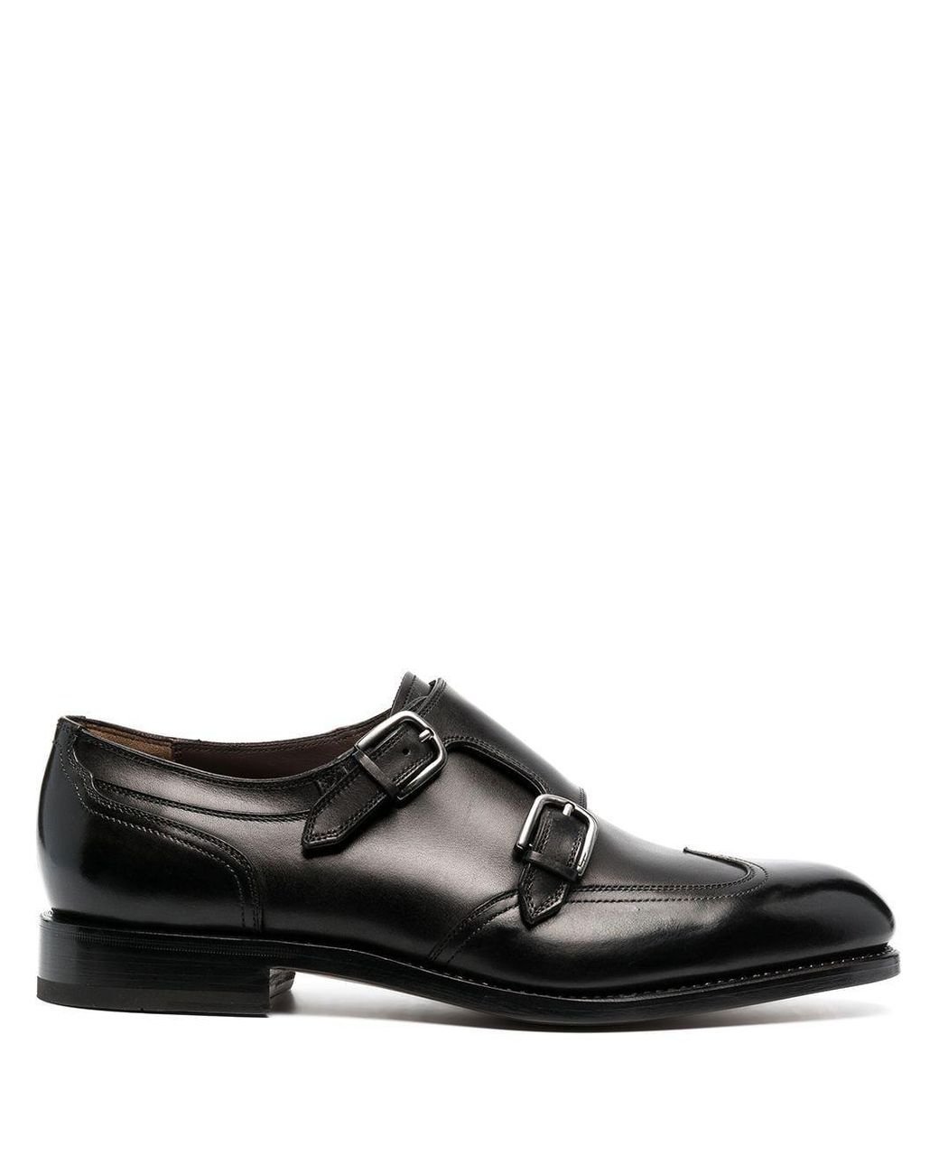 Ferragamo Leather Monk Strap Shoes in Black for Men - Lyst