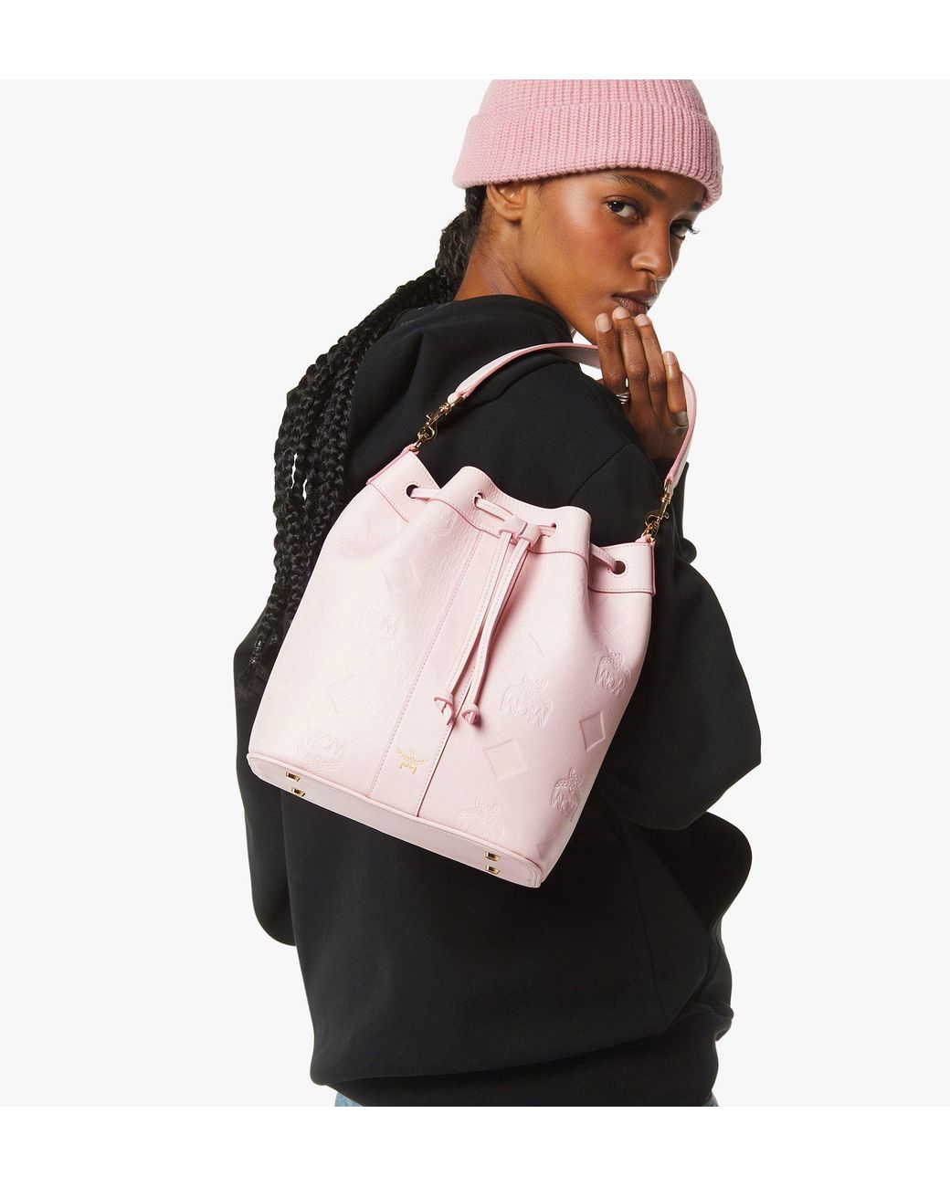 MCM Pink Dessau Drawstring Bag In Maxi Monogram Leather