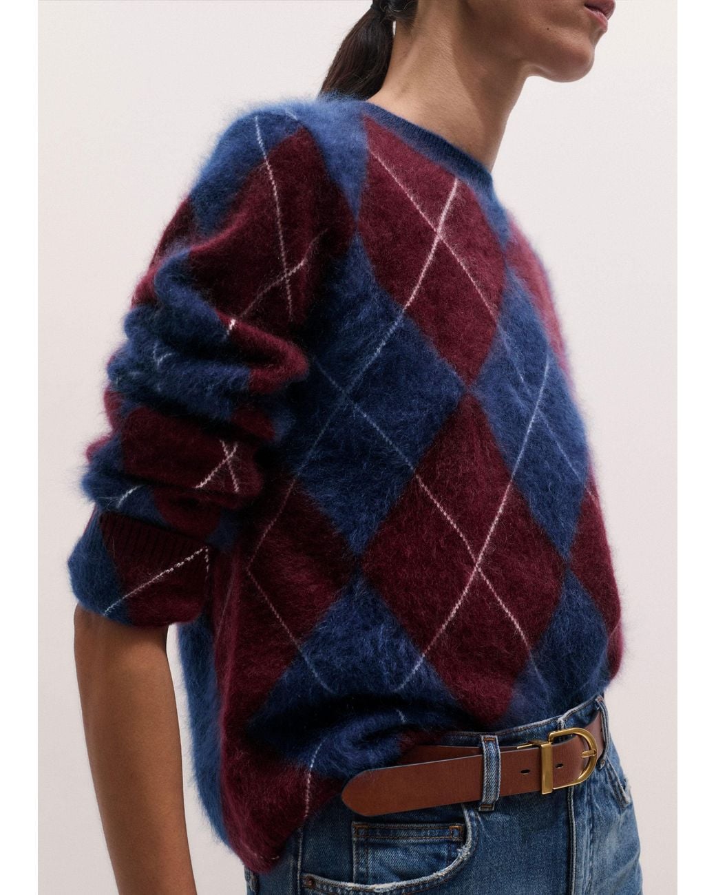 ME+EM Blue Graphic Argyle Brushed Cashmere Jumper Bright-Merlot