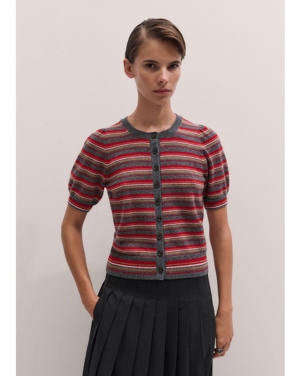 ME+EM Multicolor Pouf Sleeve Striped Cashmere Button Through Tee