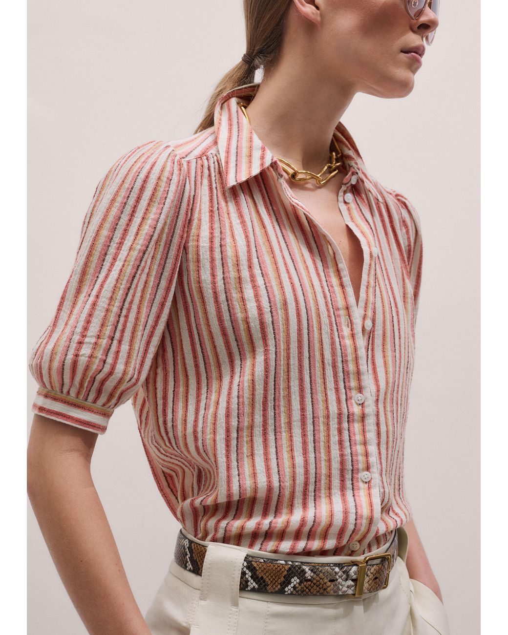 ME+EM Pink Cotton Stripe Summer Blouse-Multi