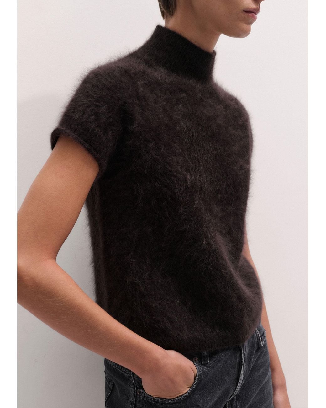 ME+EM Black Brushed Cashmere High Neck Knit Baby Tee