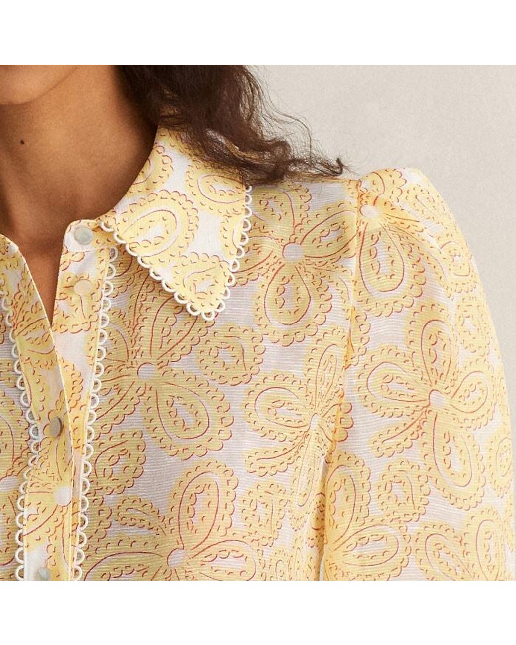 ME+EM Silk-linen Lace Print Balloon Sleeve Blouse in Natural