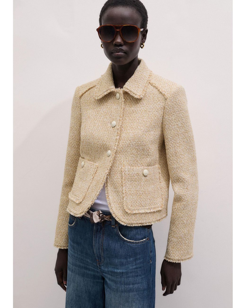 ME+EM Natural Cut Away Fringed Jacket