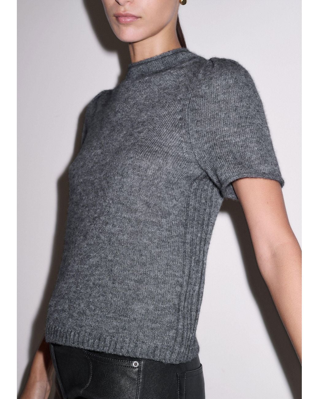 ME+EM Gray Merino Cashmere Silk Pouf Sleeve Knit Tee Mid Melange