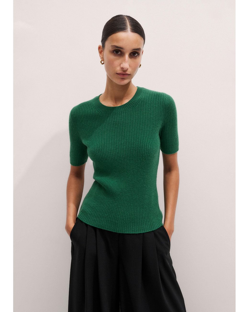 ME+EM Green Cashmere Slim Rib Knit Tee