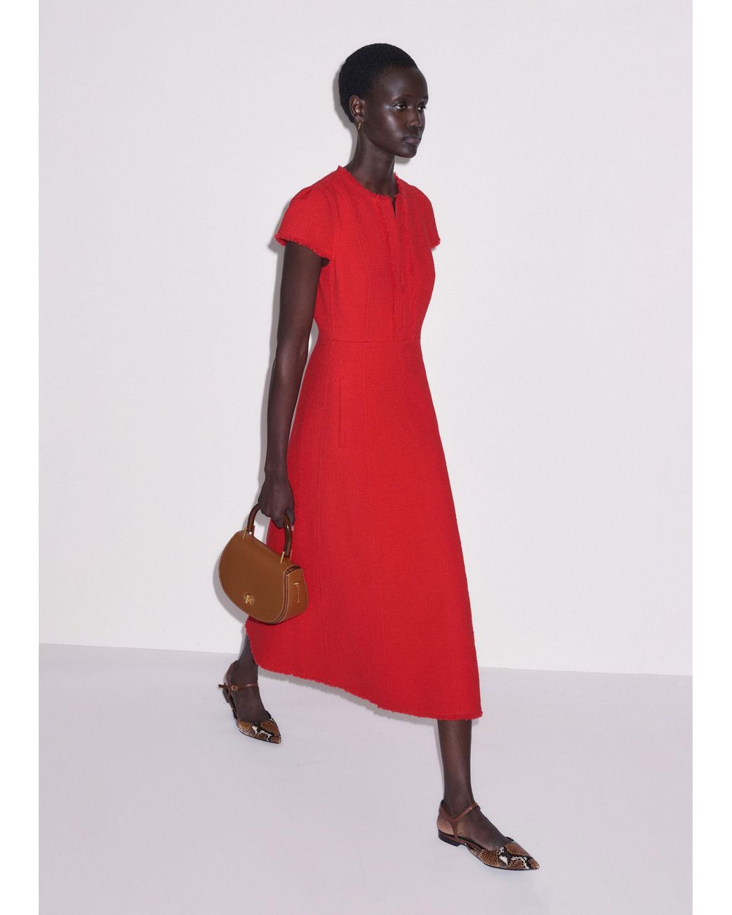ME+EM Red Fringe Detail Fit And Flare Midi Dress Rose Petal