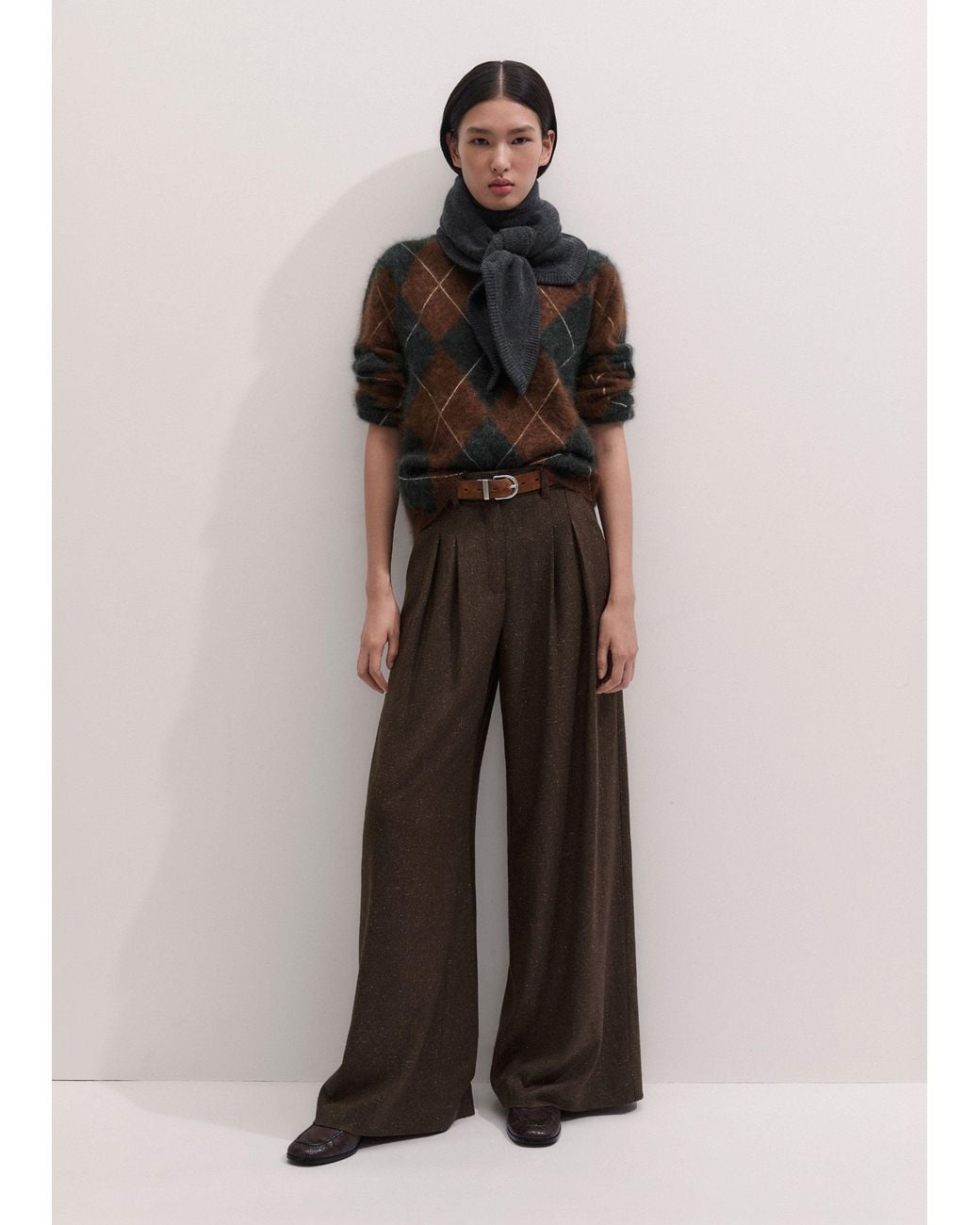 ME+EM Brown Graphic Argyle Brushed Cashmere Jumper Pecan Melange-Charcoal
