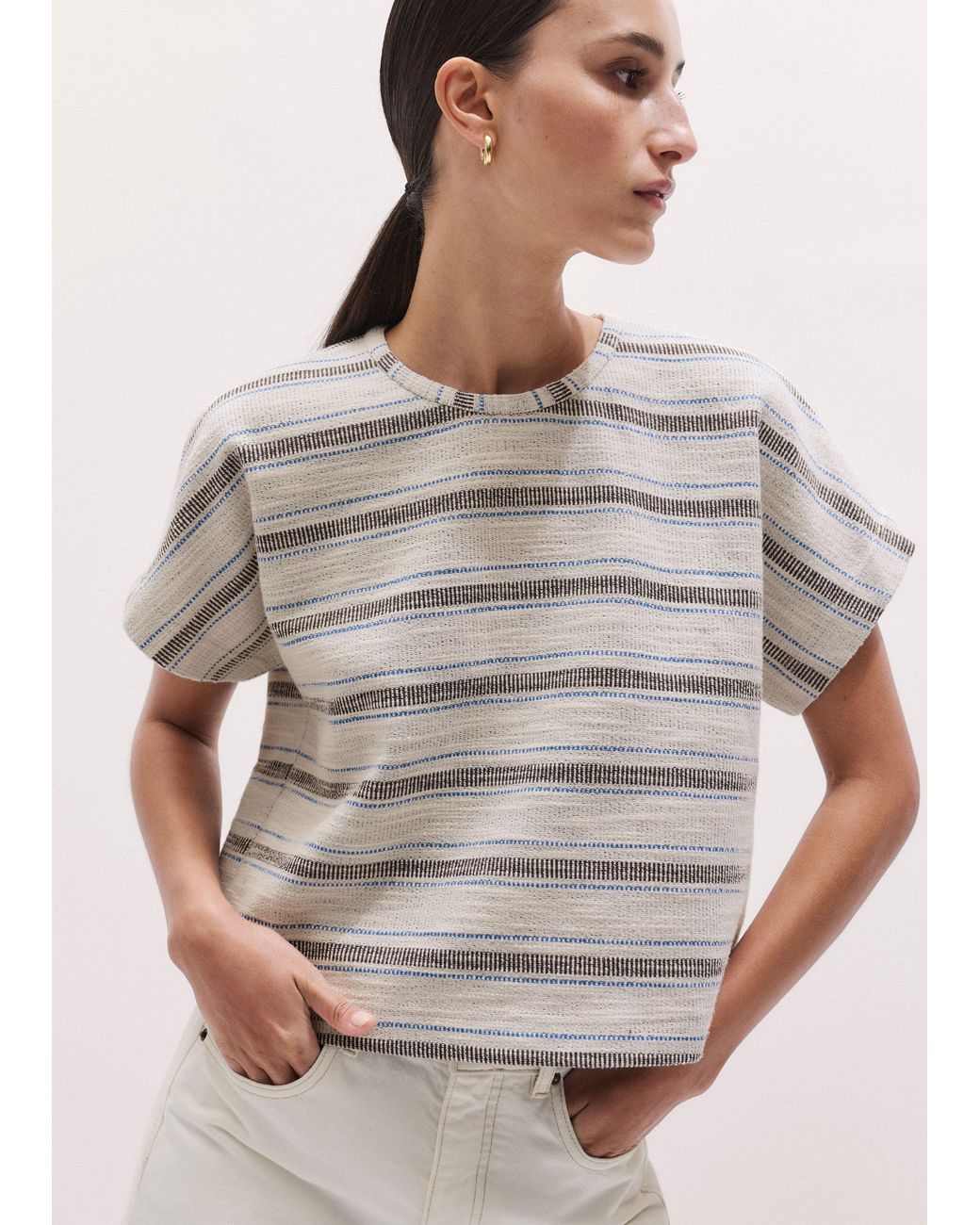 ME+EM Brown Textured Stripe Tee