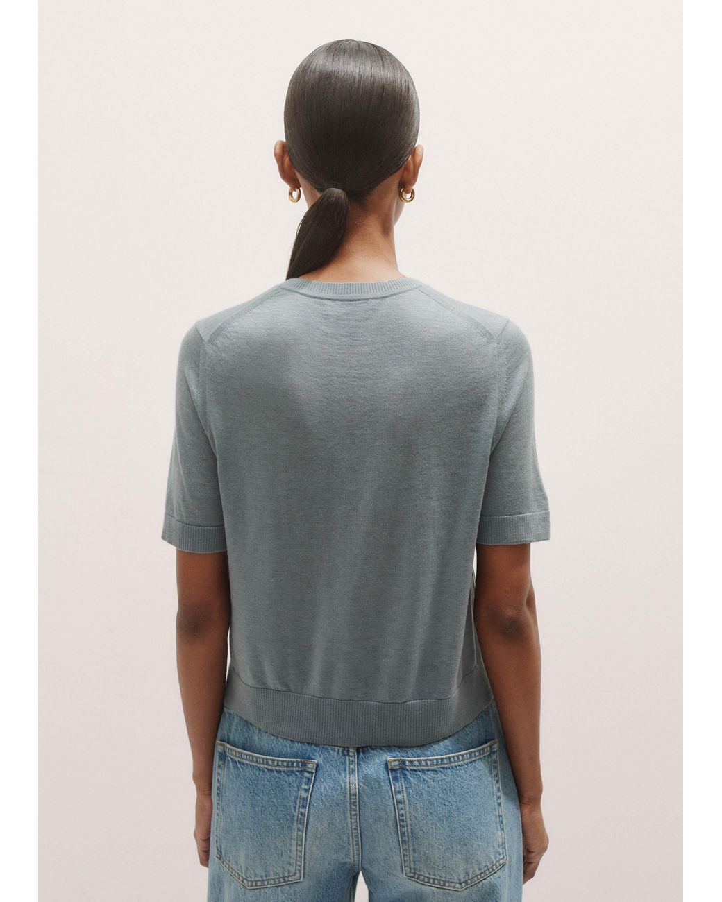 ME+EM Gray Merino Cashmere Barely There Buttoned Knit Tee