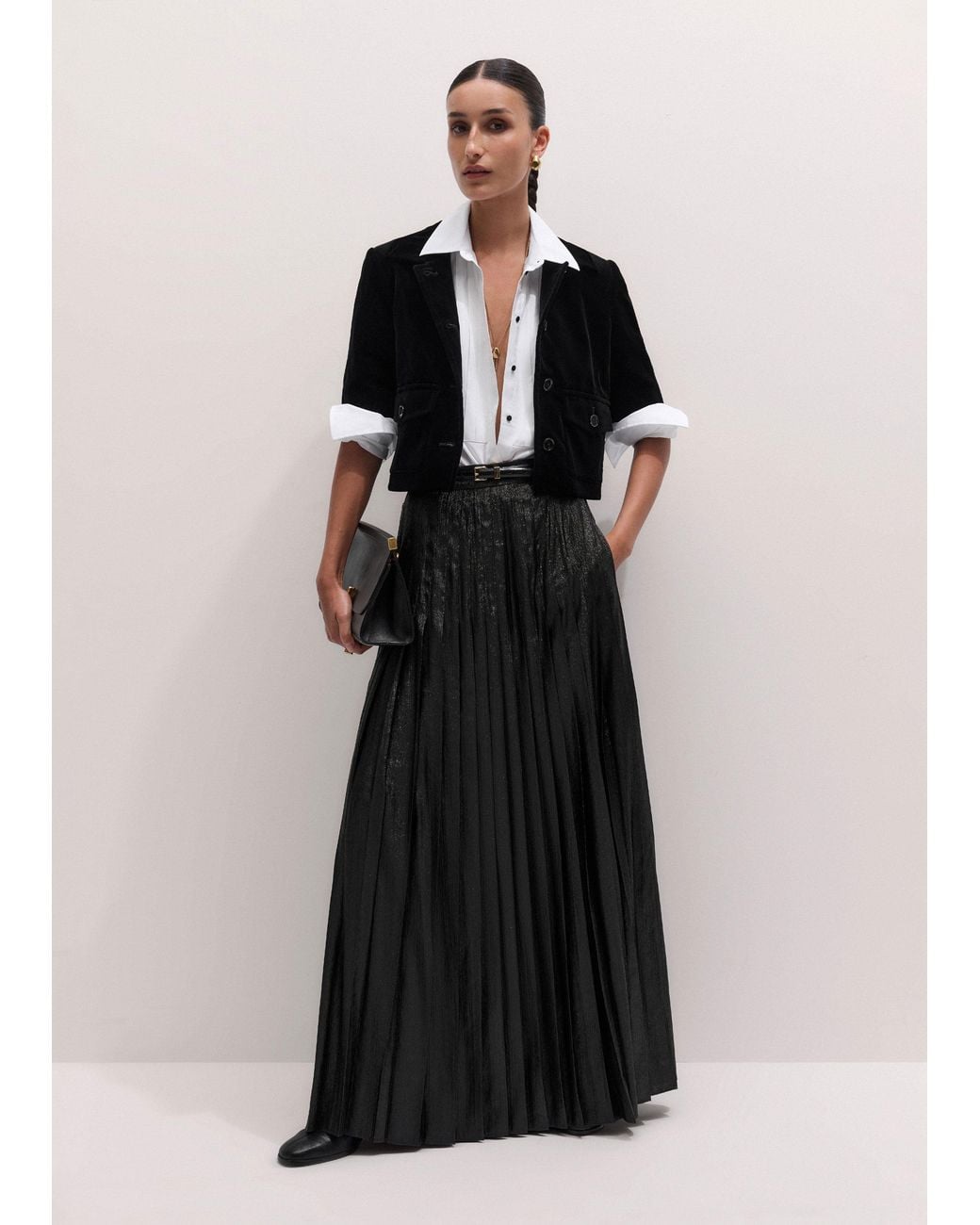 ME+EM Black Metallic Dramatic Pleated Full Length Skirt