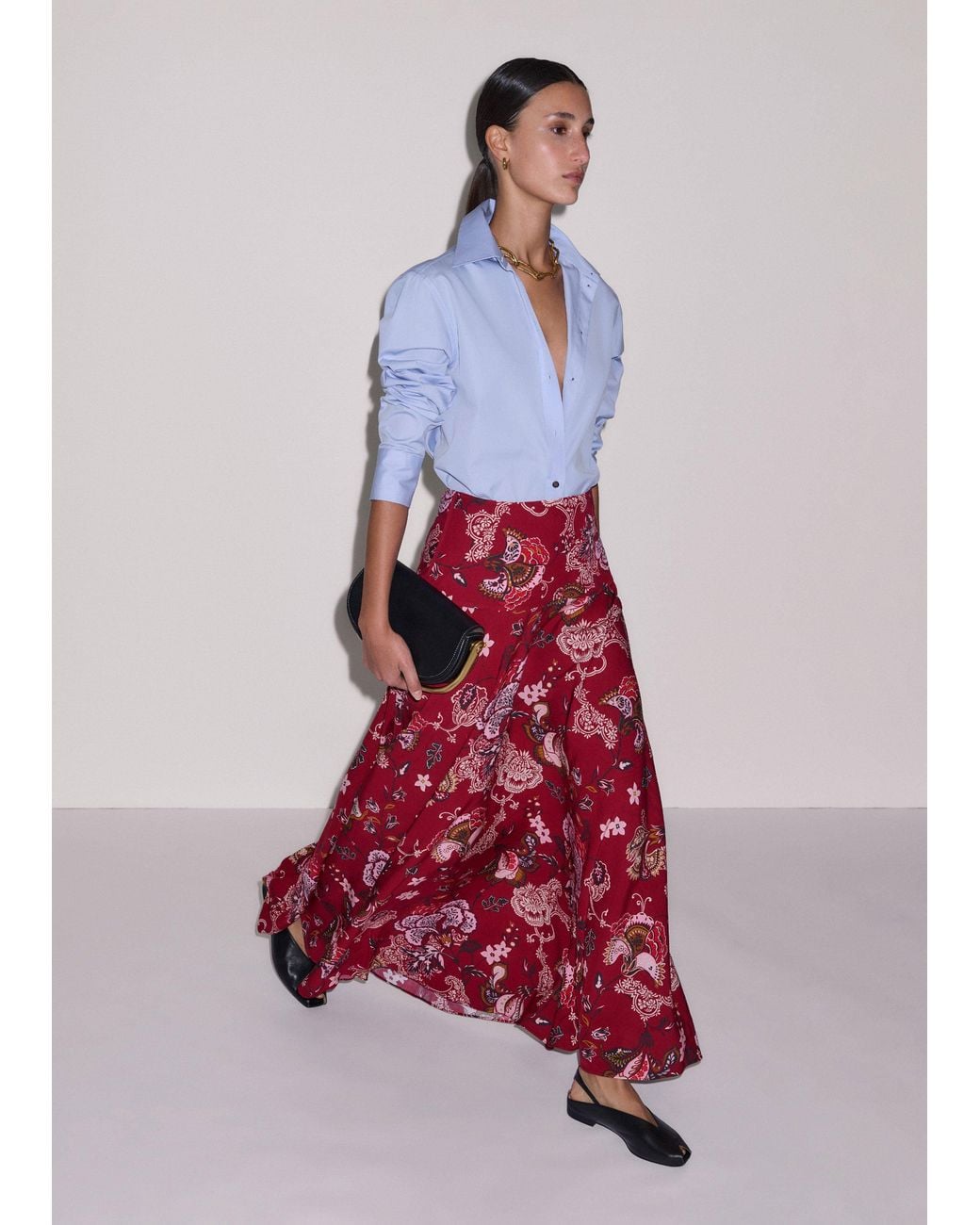 ME+EM Red Grand Paisley Print Full Length Skirt Light Cream-Multi
