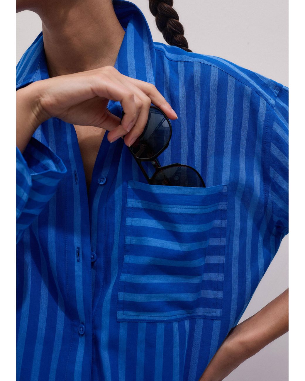 ME+EM Blue Cotton Voile Striped Beach Shirt Intense-Sky