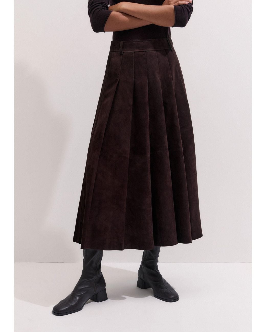 ME+EM Black Suede Pleated Maxi Skirt