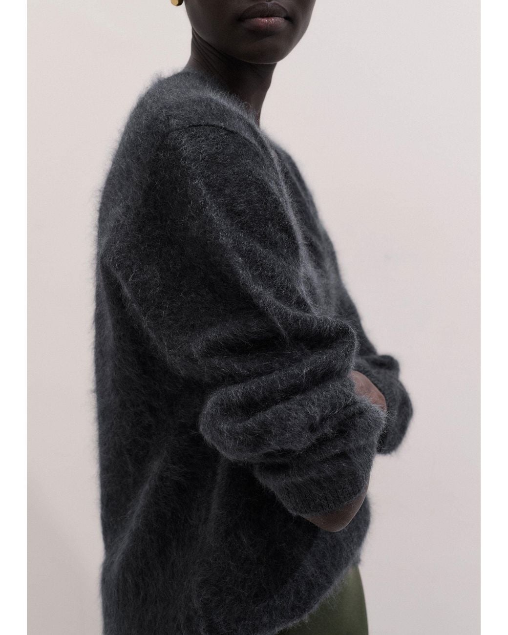 ME+EM Blue Brushed Cashmere Relaxed V Neck Jumper Charcoal Melange