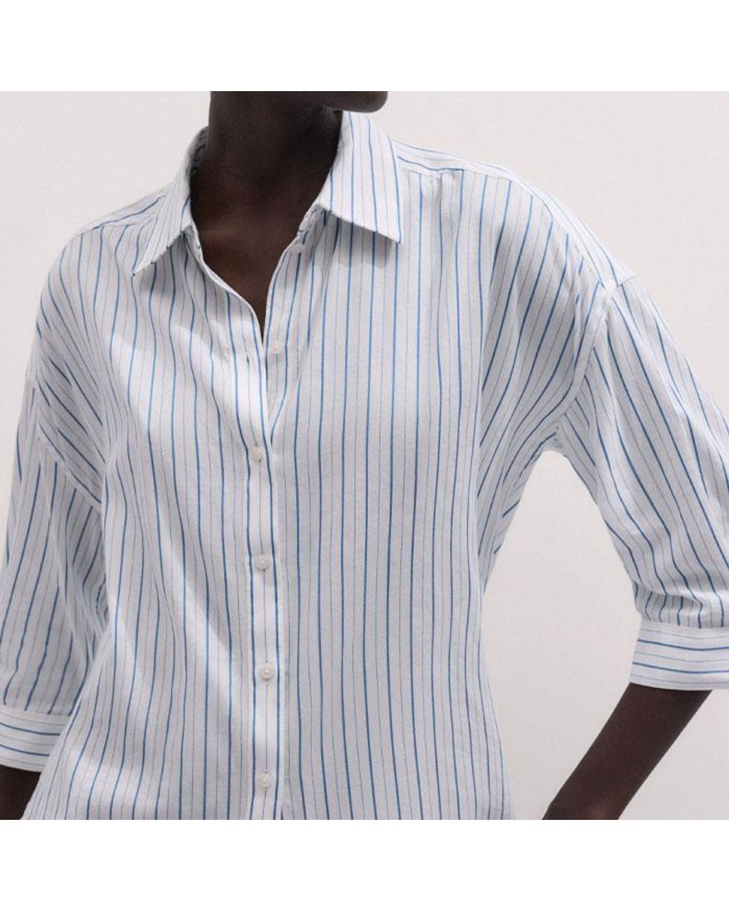 ME+EM White Boxy Three Quarter Sleeve Striped Shirt