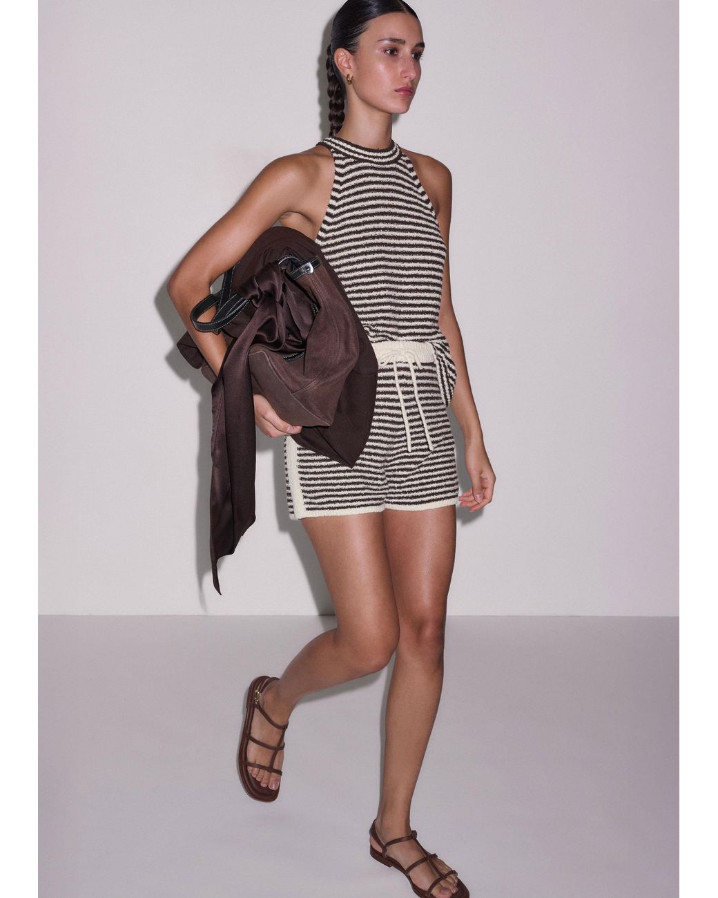 ME+EM Multicolor Textured Micro Stripe Knit Shorts Cocoa-Cream