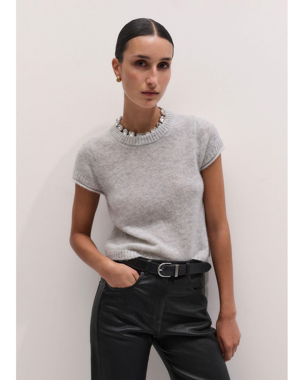 ME+EM Gray Merino Cashmere Silk Shrunken Baby Tee
