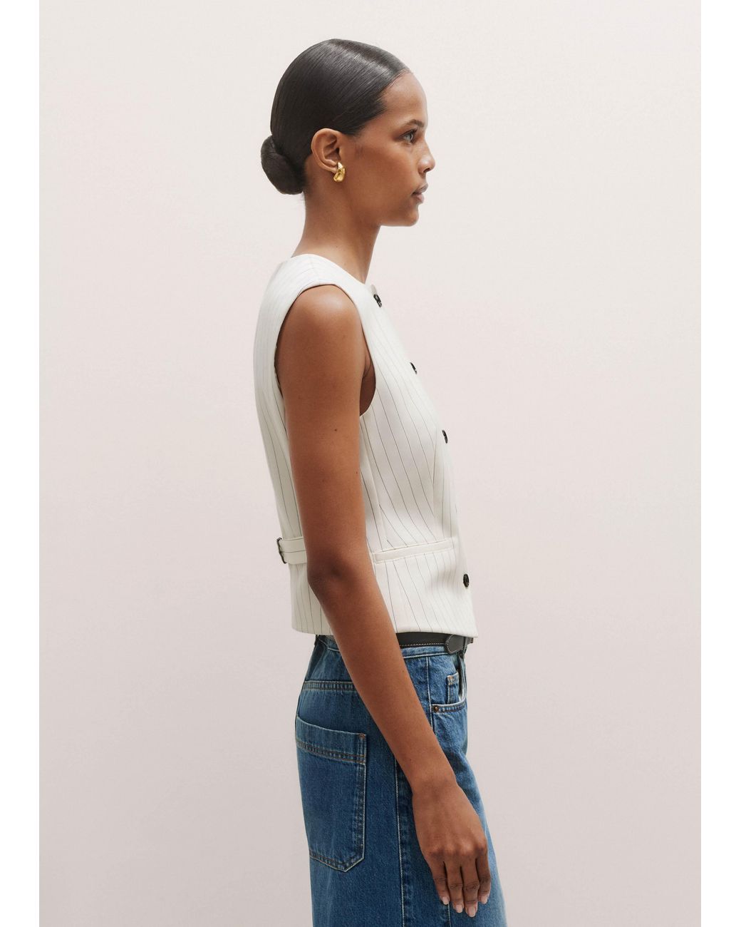 ME+EM Natural Round Neck Pinstripe Waistcoat