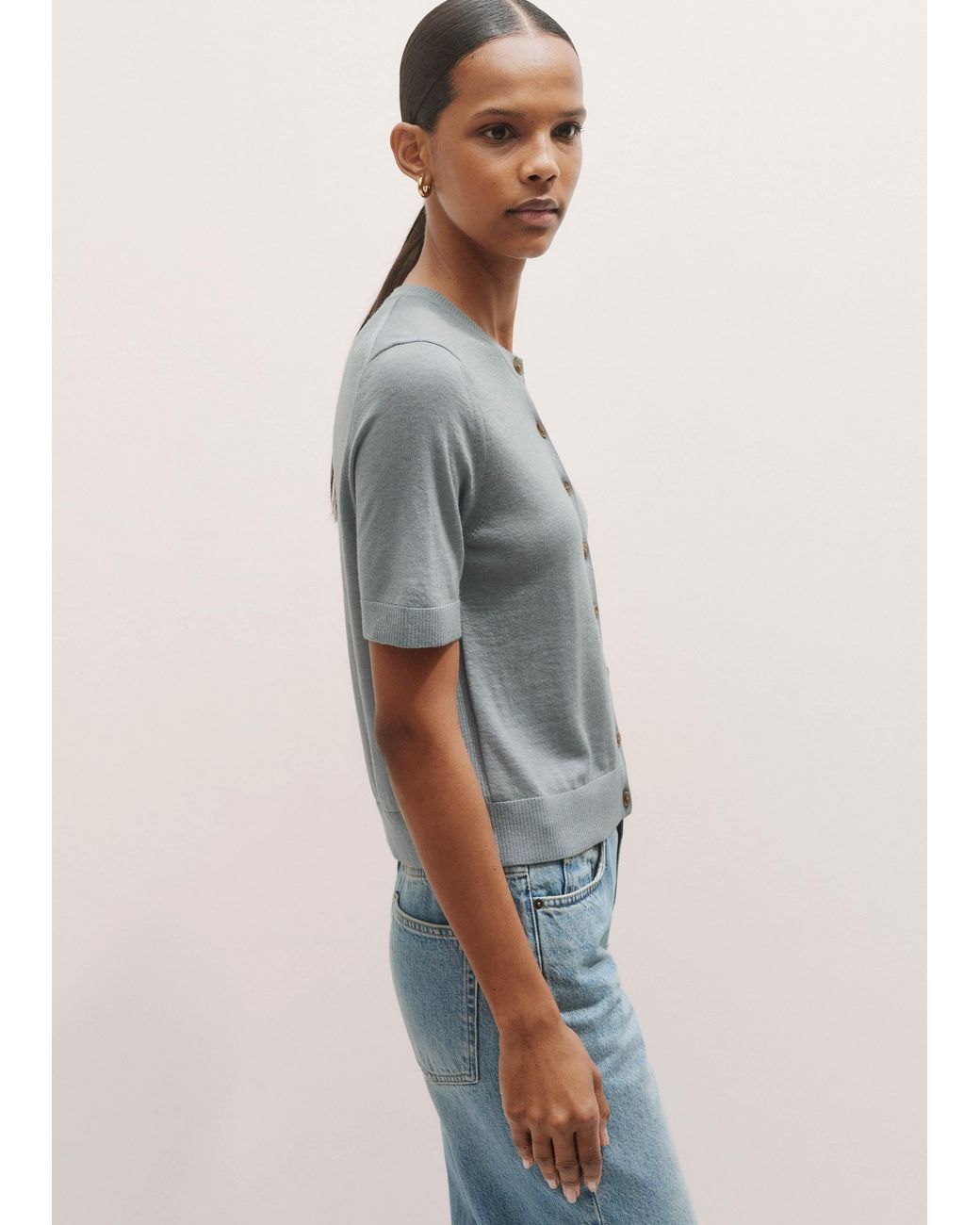 ME+EM Gray Merino Cashmere Barely There Buttoned Knit Tee