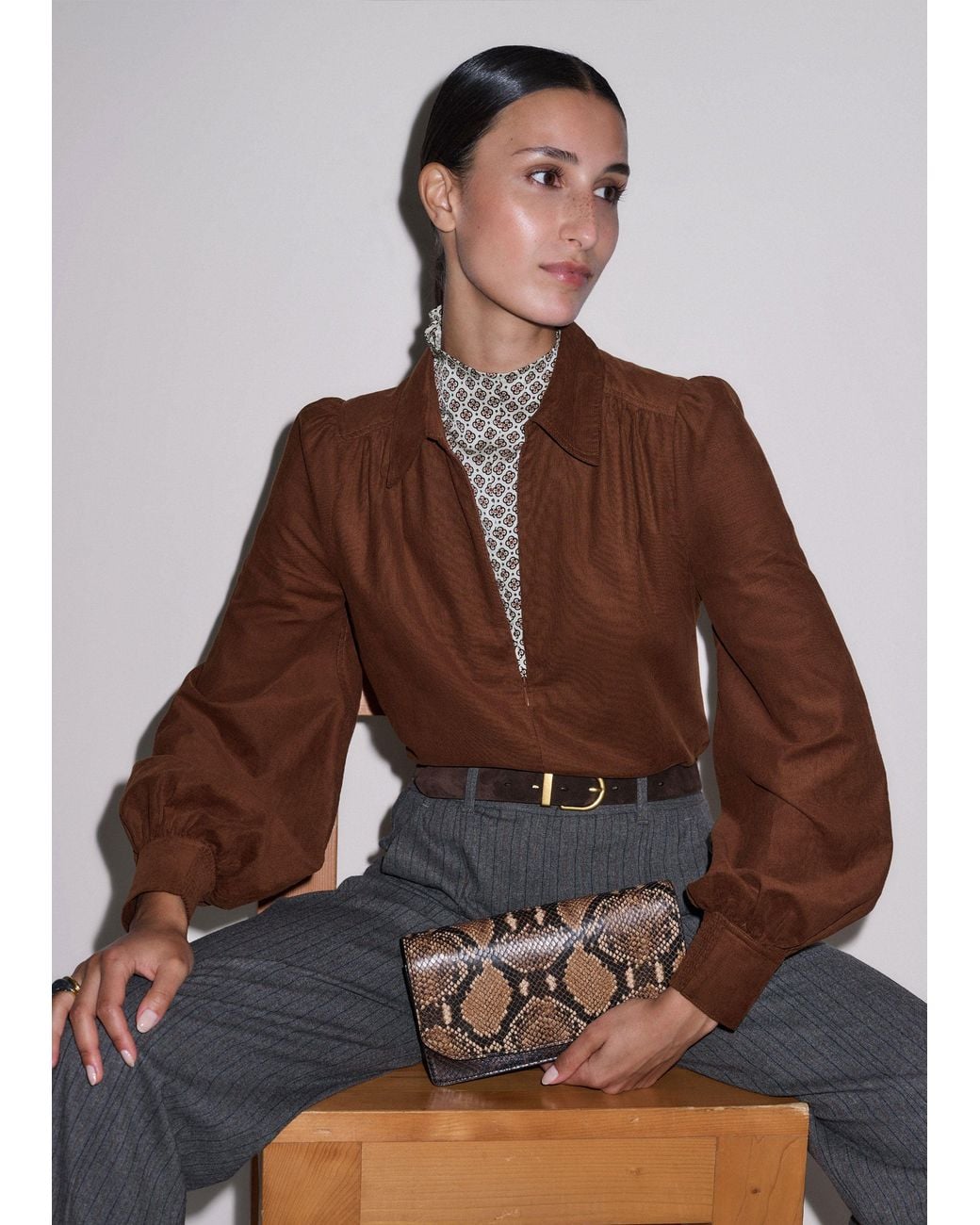 ME+EM Brown Babycord Balloon Sleeve Blouse
