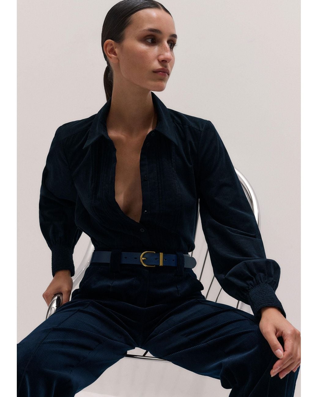 ME+EM Blue Micro Cord Slim Fitting Blouse