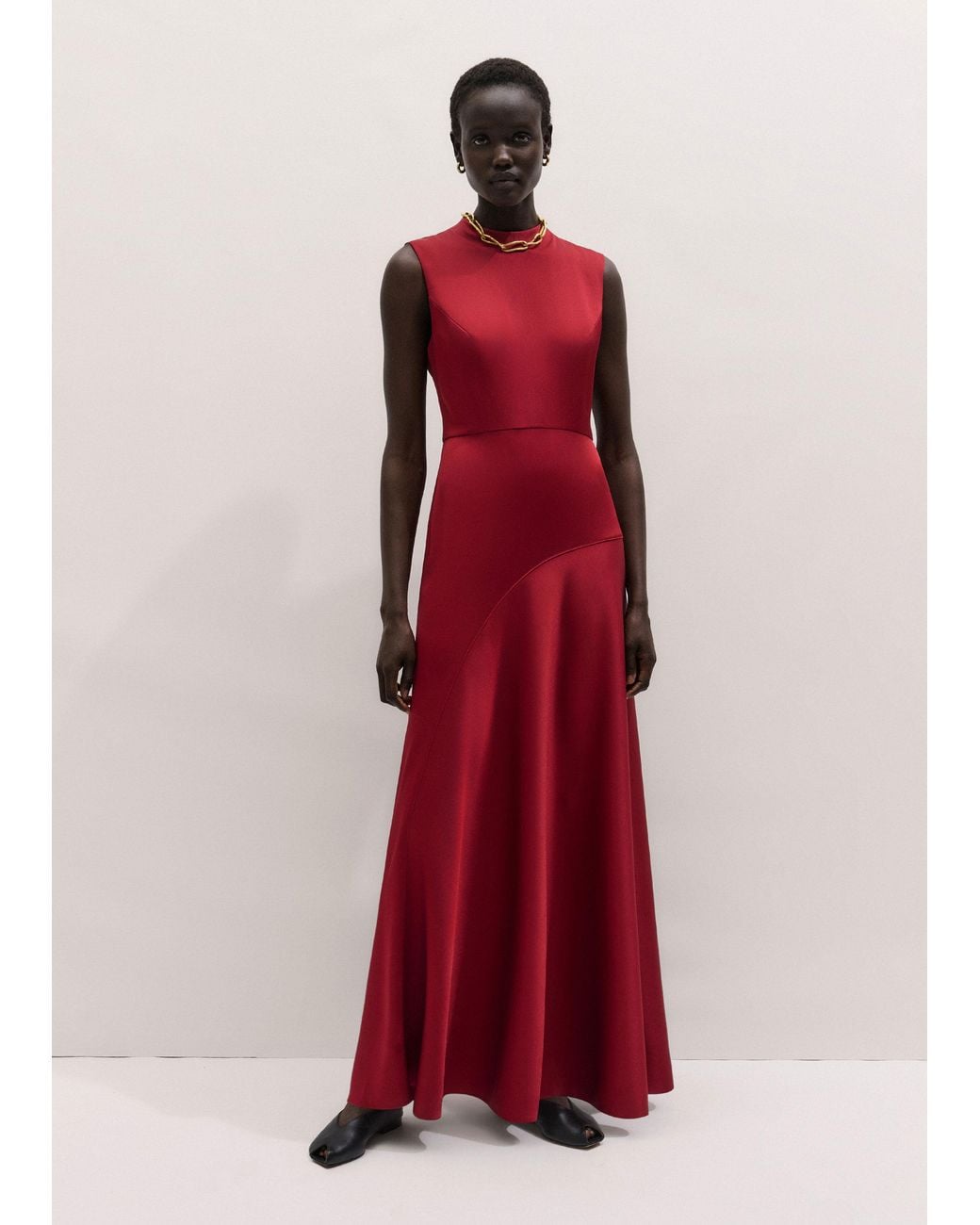 ME+EM Red Satin Colour Tipping Bias Cut Full Length Dress + Belt Pomegranate