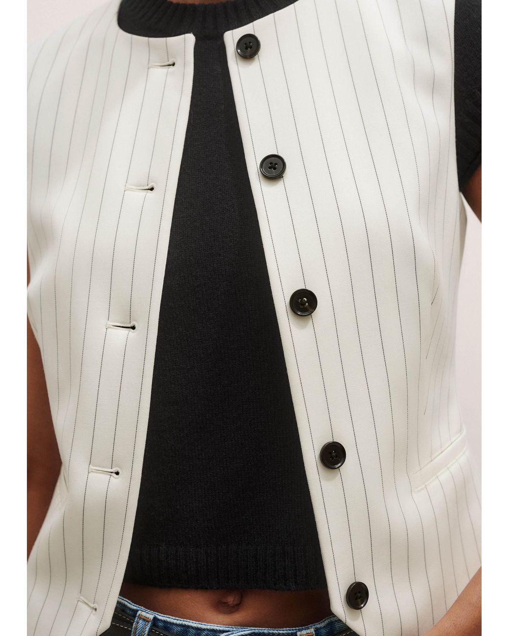 ME+EM Natural Round Neck Pinstripe Waistcoat
