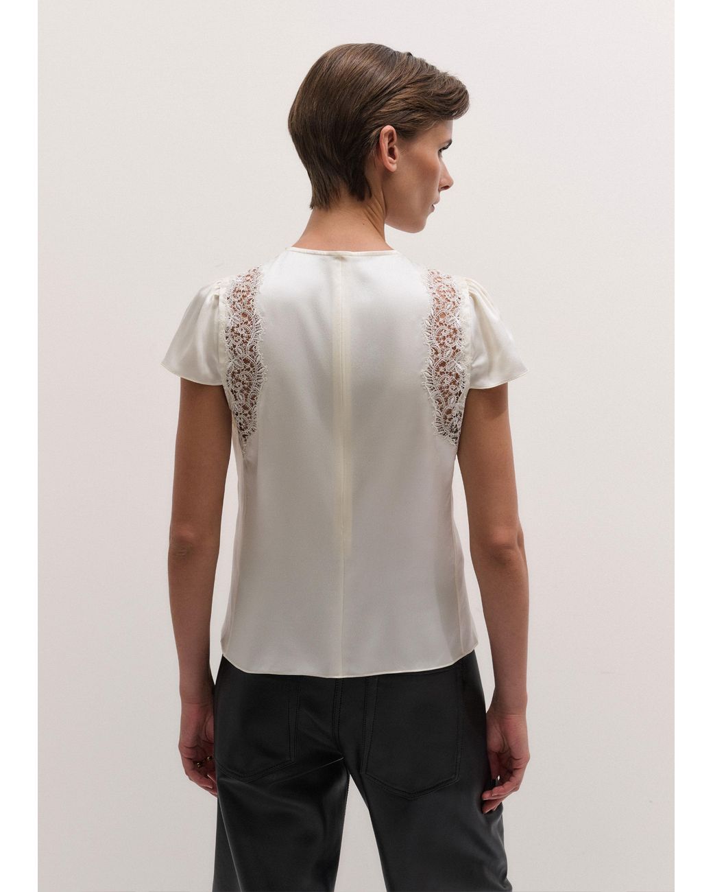 ME+EM Natural Silk Satin And Lace Cap Sleeve Top