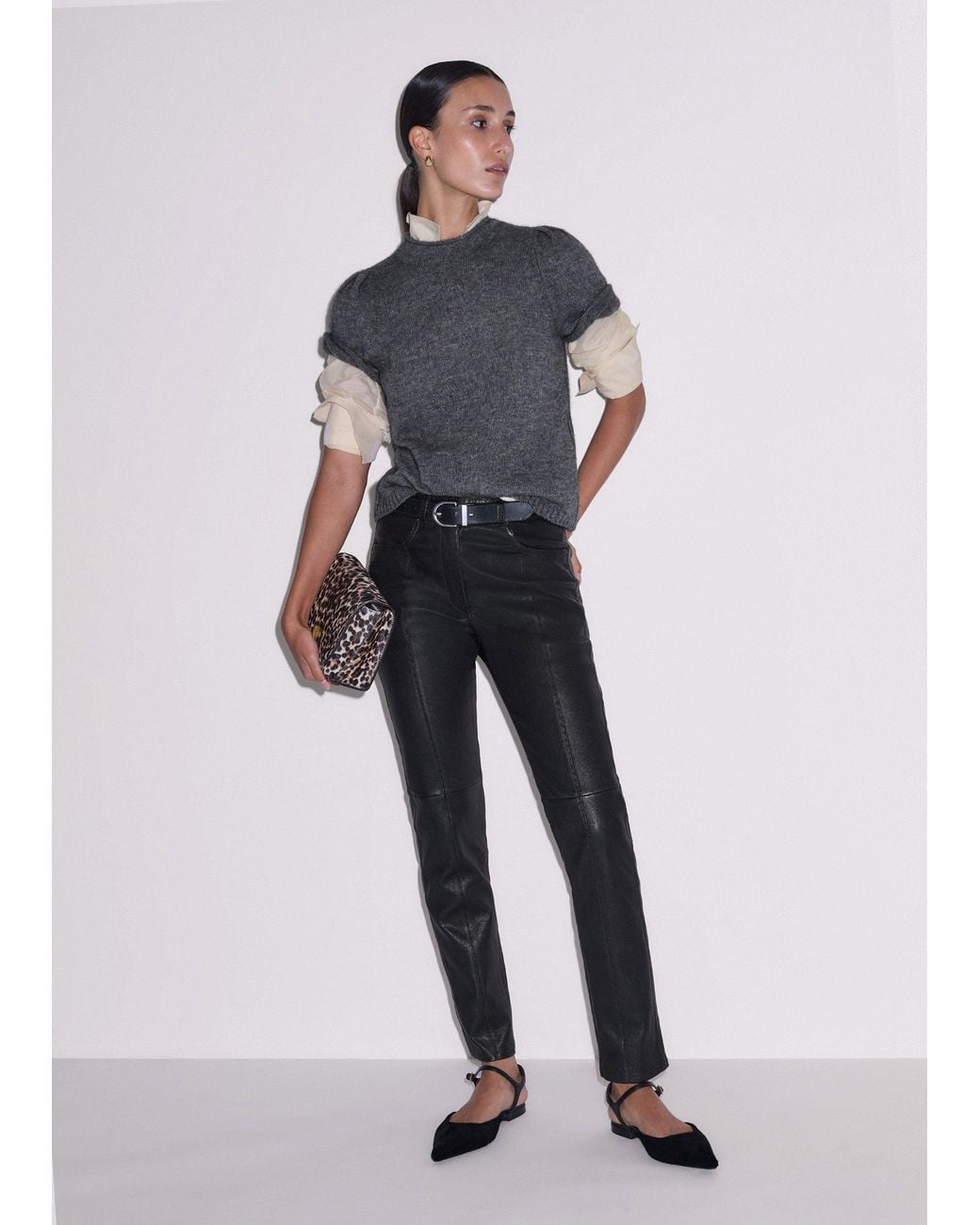 ME+EM Gray Merino Cashmere Silk Pouf Sleeve Knit Tee Mid Melange