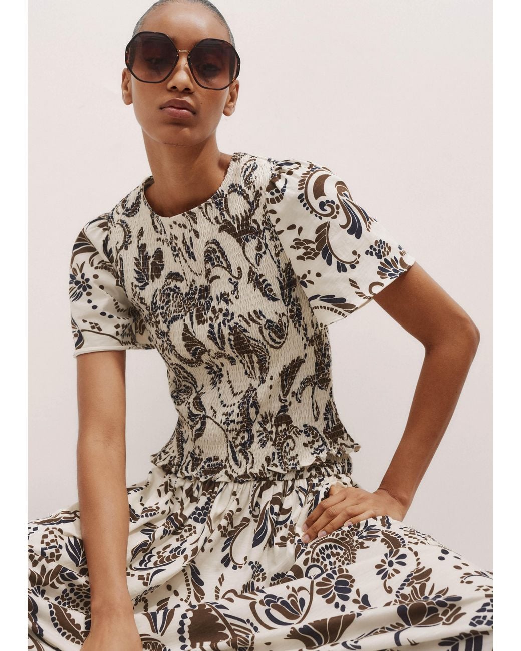 ME+EM Blue Silhouette Print Smock Top