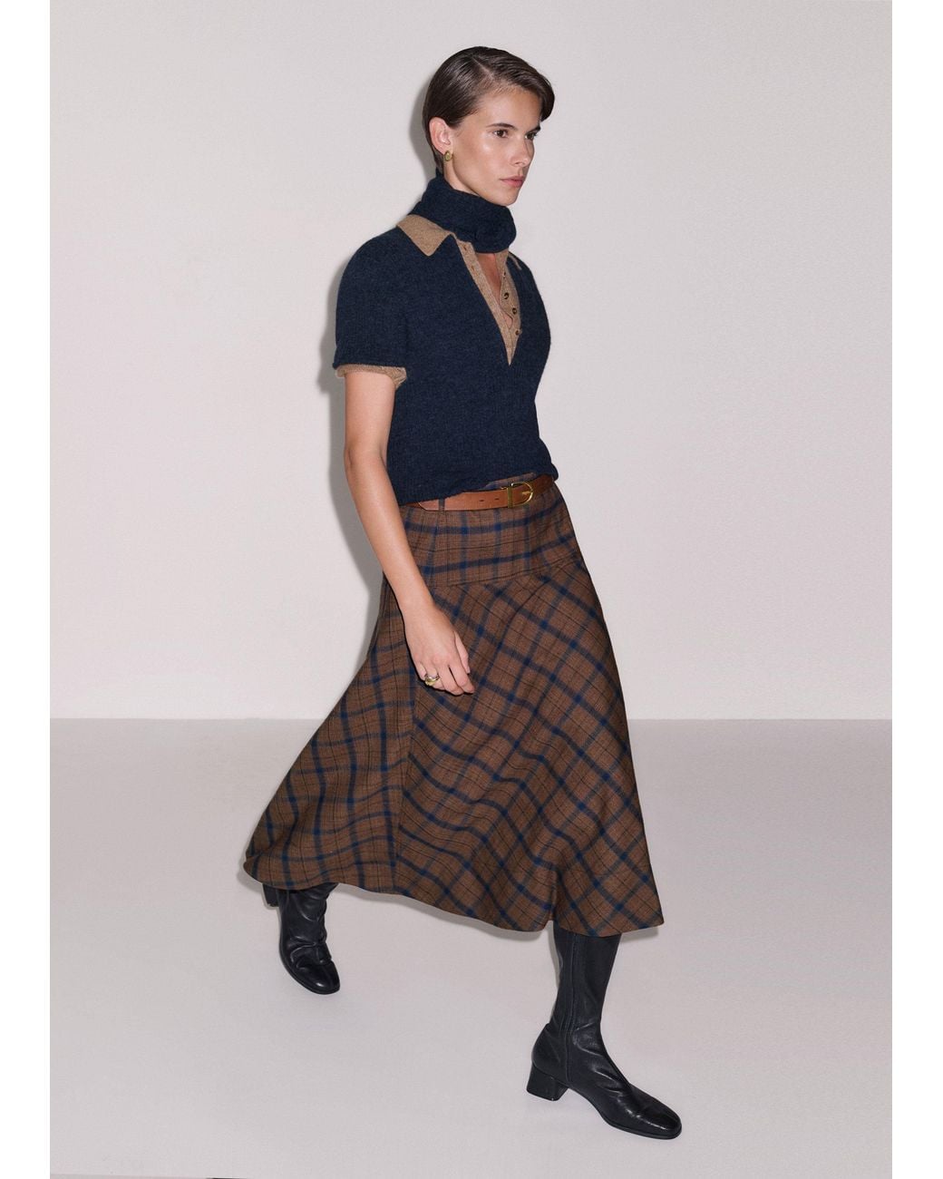 ME+EM Brown Check Fit And Flare Midi Skirt