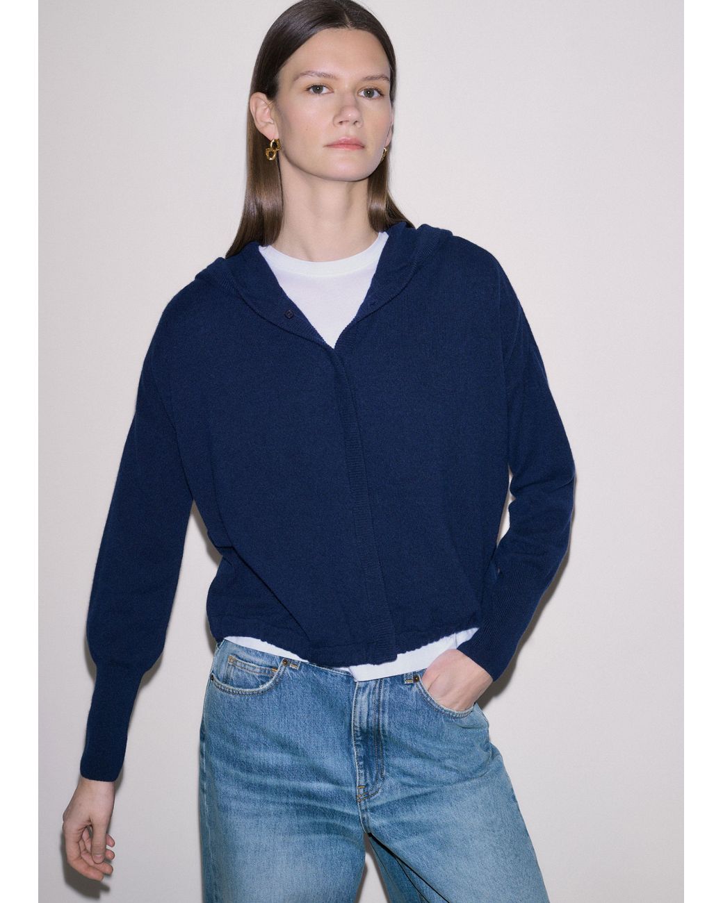 ME+EM Blue Cashmere Drop Shoulder Box Crop Hoody