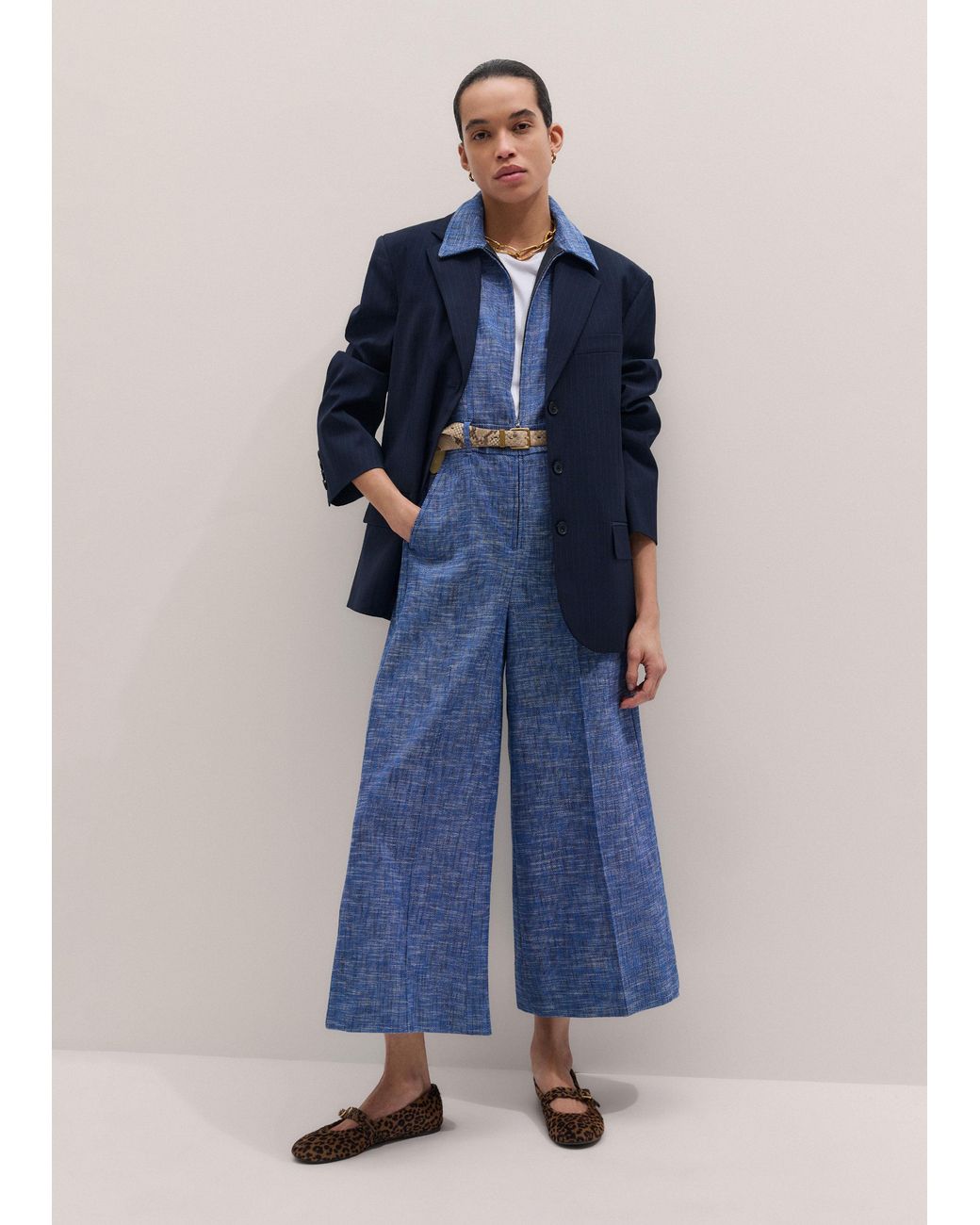 ME+EM Blue Texture Wide Leg Cropped Jumpsuit