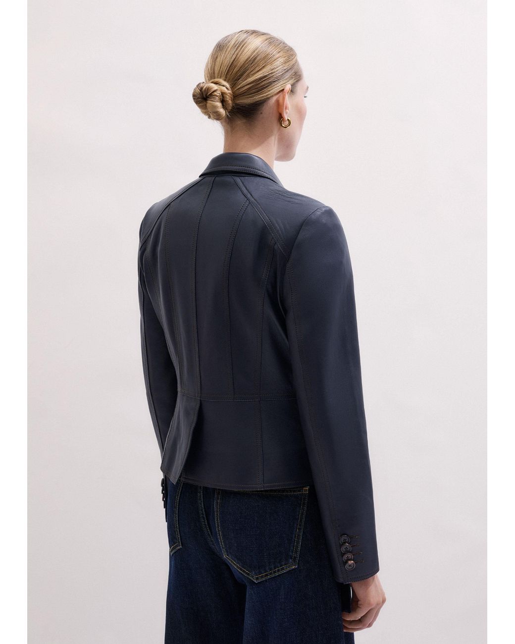 ME+EM Blue Leather Short Fitted Blazer