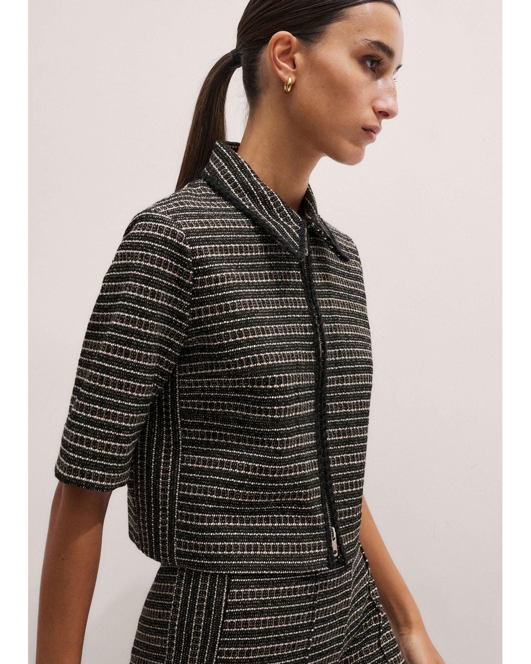 ME+EM Black Stripe Tweed Zip-Front Top