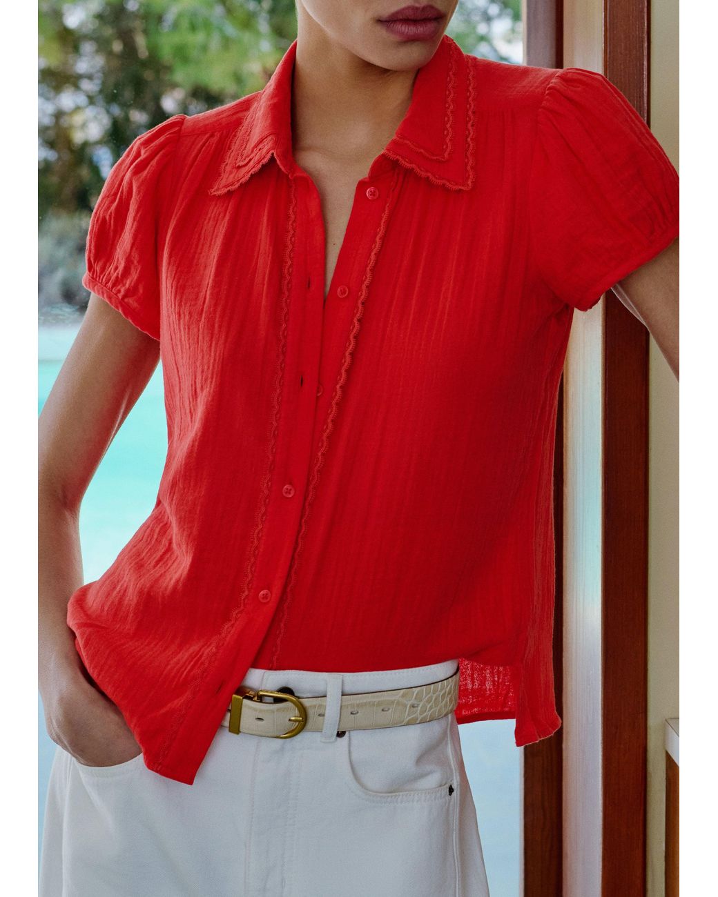 ME+EM Red Cheesecloth Cap-Sleeve Blouse