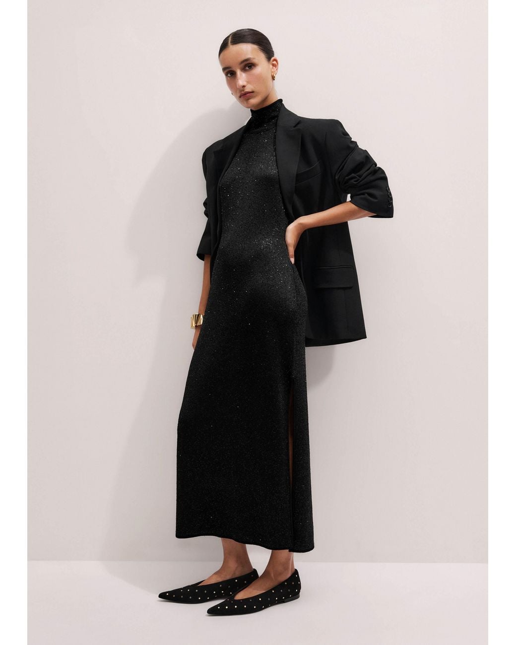 ME+EM Black Sequin Knit Column Maxi Dress