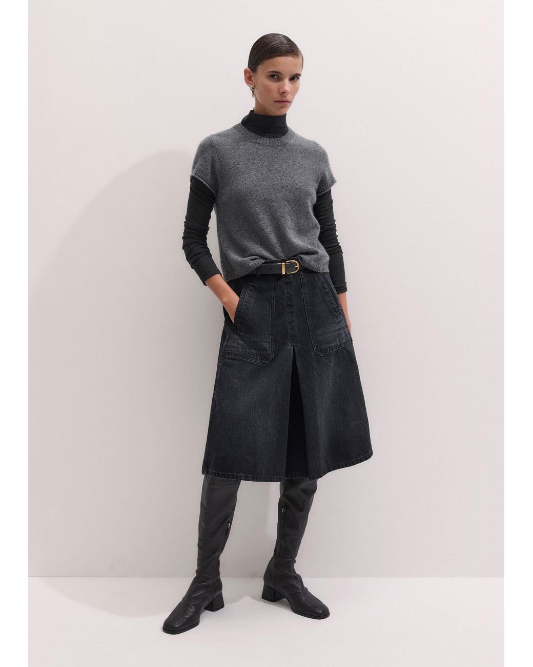 ME+EM Black Slim High Neck Layering Top Charcoal Melange